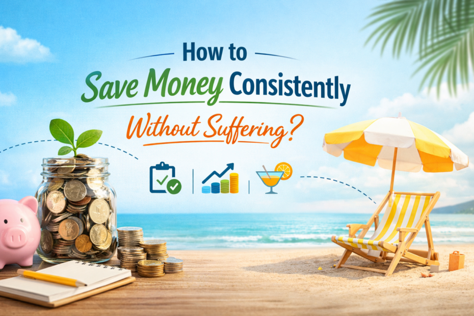 Blog header image for 'How to Save Money Consistently Without Suffering' showing a piggy bank, jar of coins with a plant, stacked coins, a notebook, and a beach chair under a yellow umbrella, representing smart saving and enjoying life.
